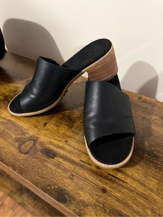Timberland Shoes - Timberland Black Leather Slide Sandals with Tan Wood Heel